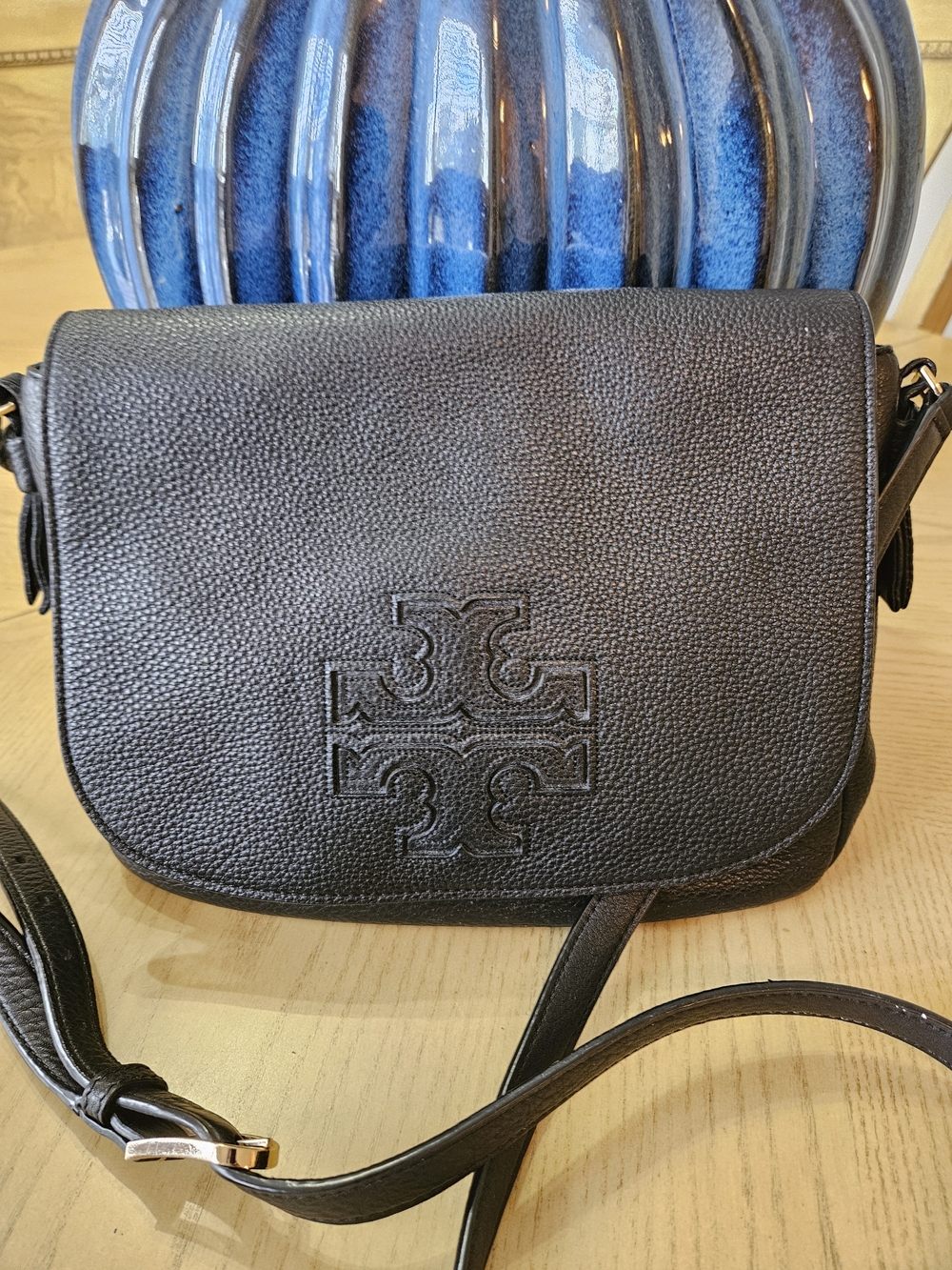 Tory Burch Black Pebbled Leather Logo Crossbody
